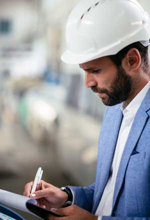 Man with hard hat writing inspection report on clipboard