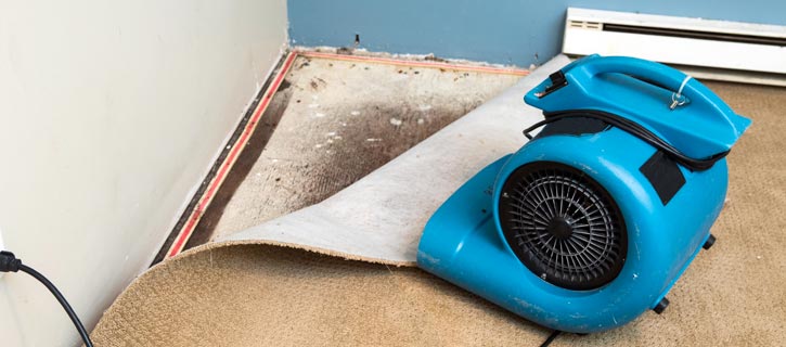 Damaged floor from humidity with dehumidifier pointing at the wall