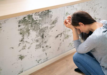 Woman sitting next to wall with mold growth